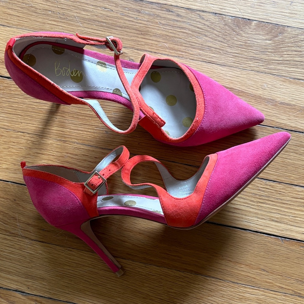 Boden Pink and Coral Suede Pointed-Toe Heels with Ankle Strap
